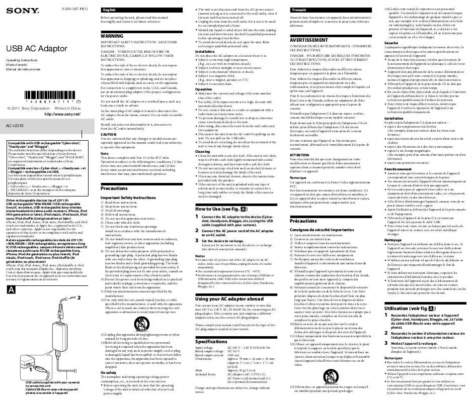 Mode d'emploi SONY AC-UD10