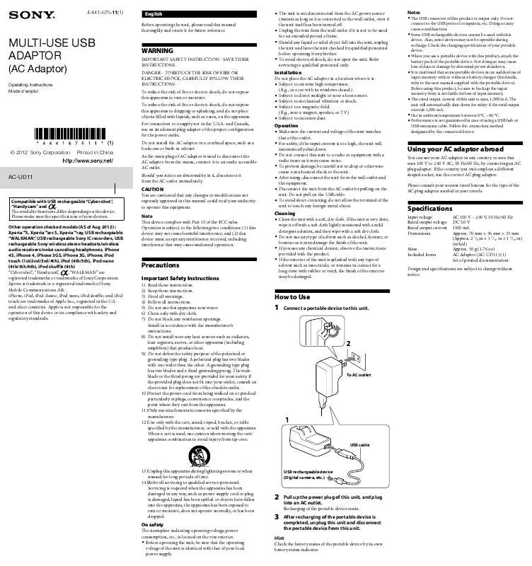 Mode d'emploi SONY AC-UD11