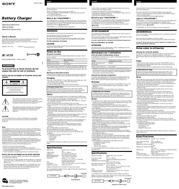 Mode d'emploi SONY BC-VC10