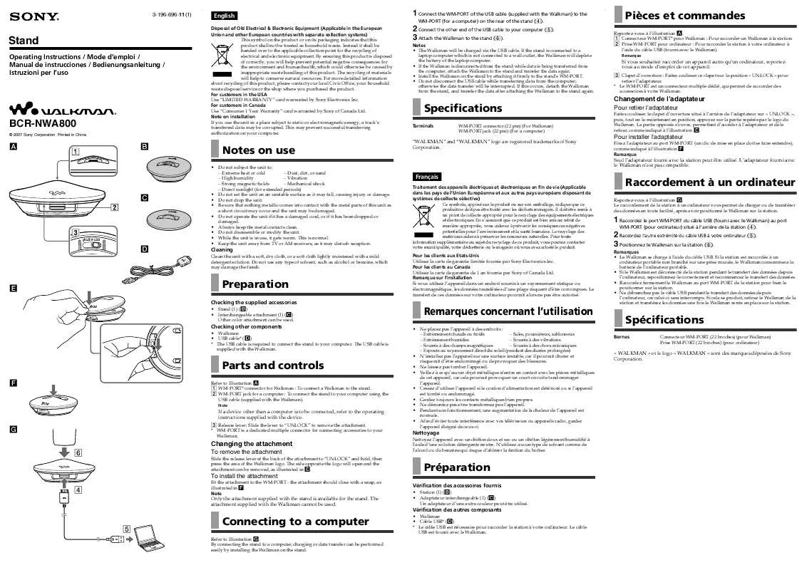 Mode d'emploi SONY BCR-NWA800