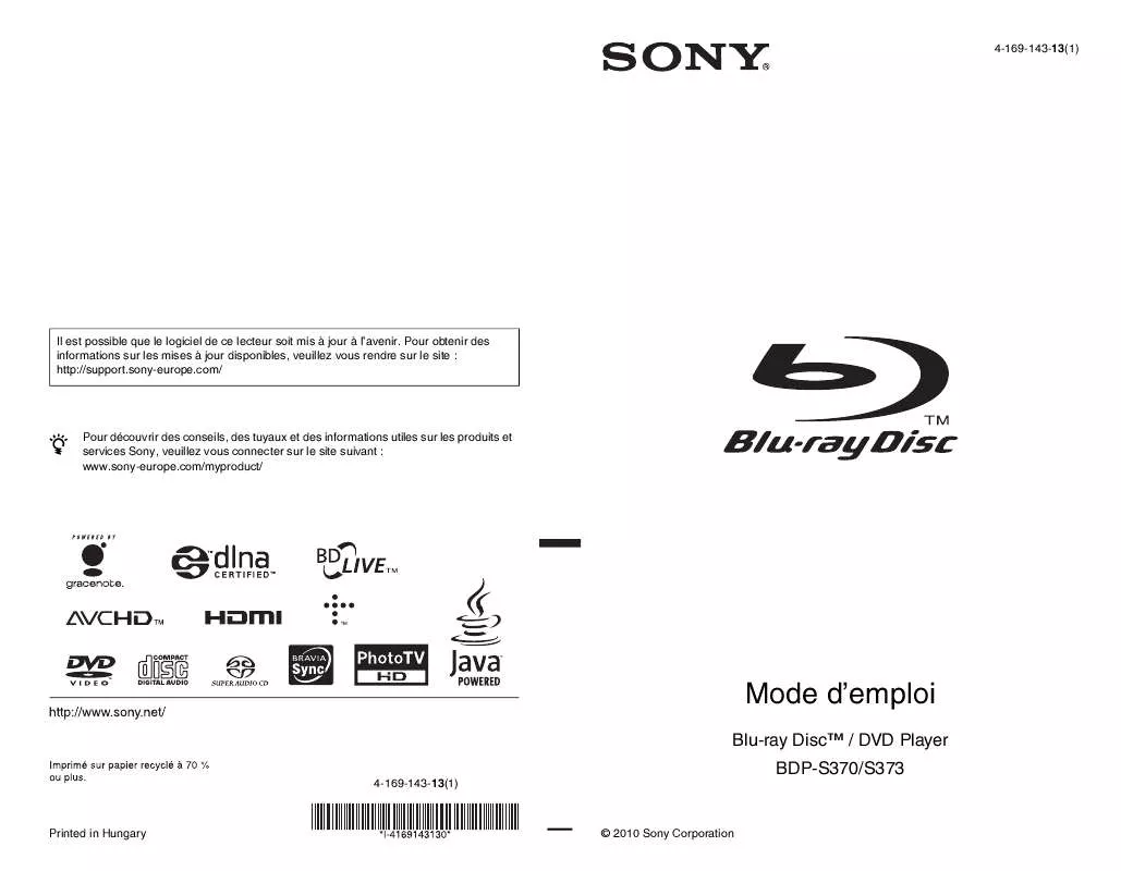 Mode d'emploi SONY BDP-S373