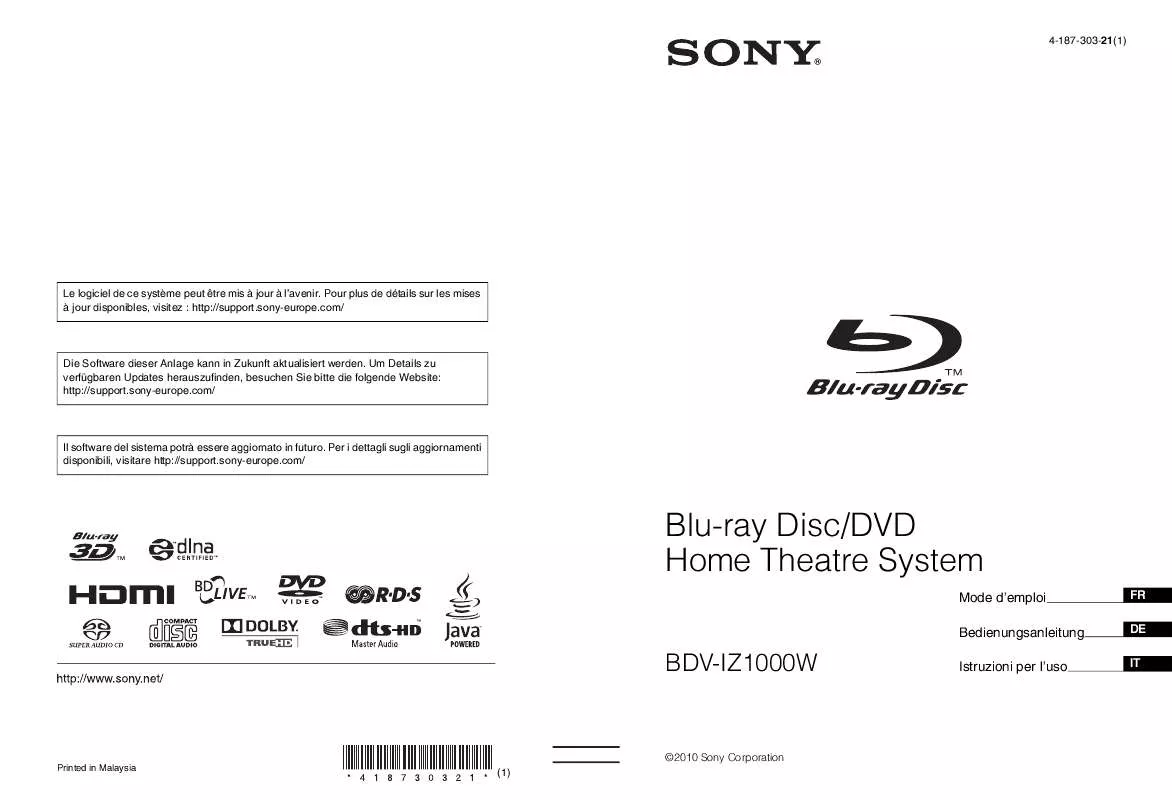 Mode d'emploi SONY BDV-IZ1000W