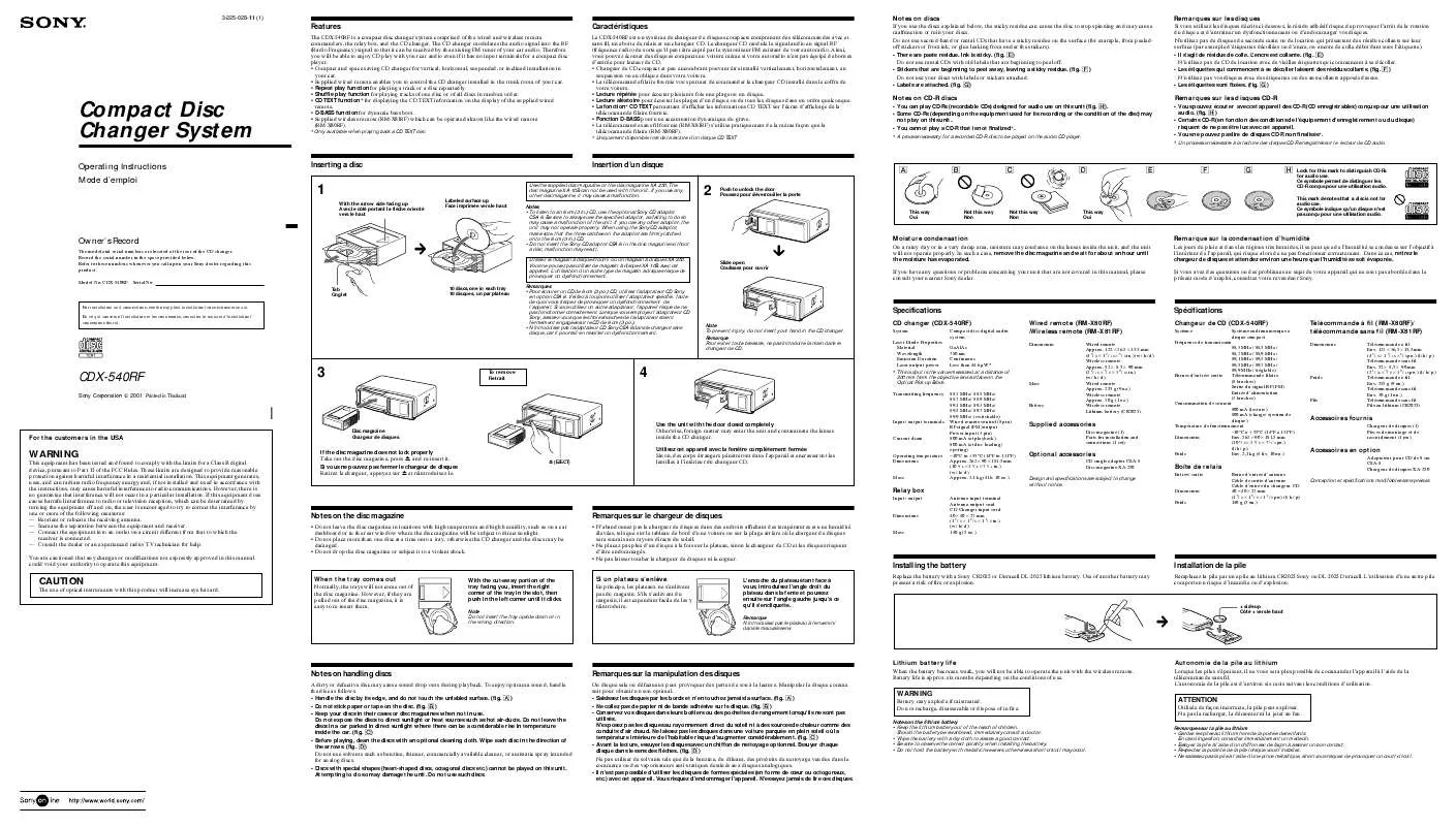 Mode d'emploi SONY CDX-540RF