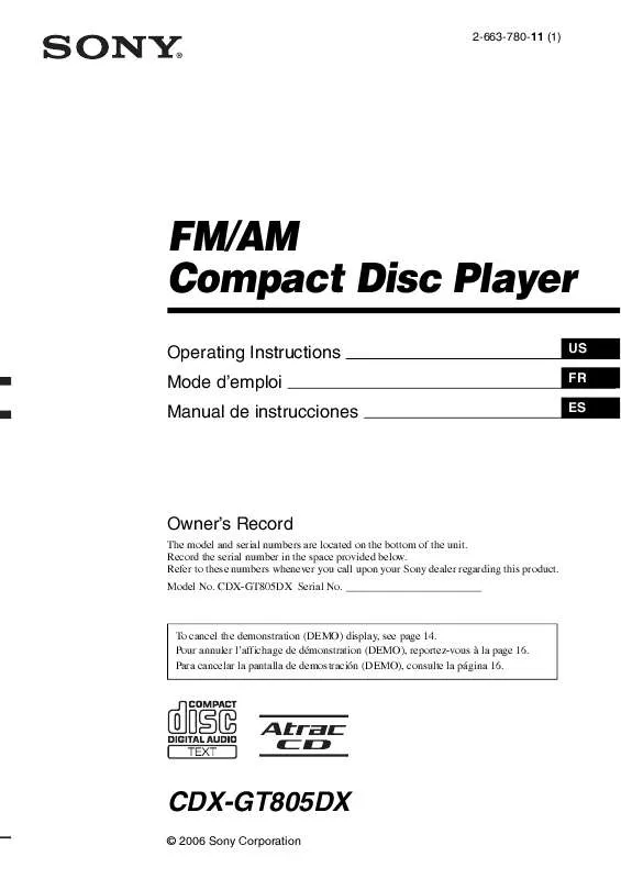 Mode d'emploi SONY CDX-GT805DX