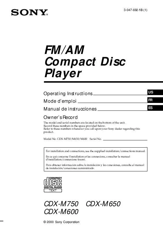 Mode d'emploi SONY CDX-M650