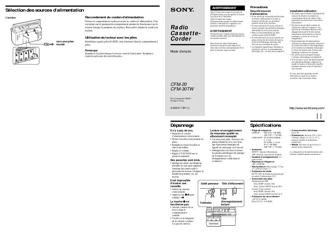 Mode d'emploi SONY CFM-30TW