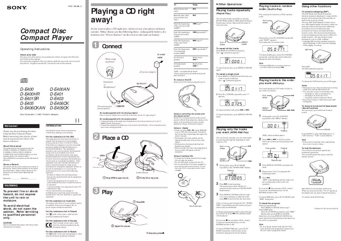 Mode d'emploi SONY D-E406CKAN