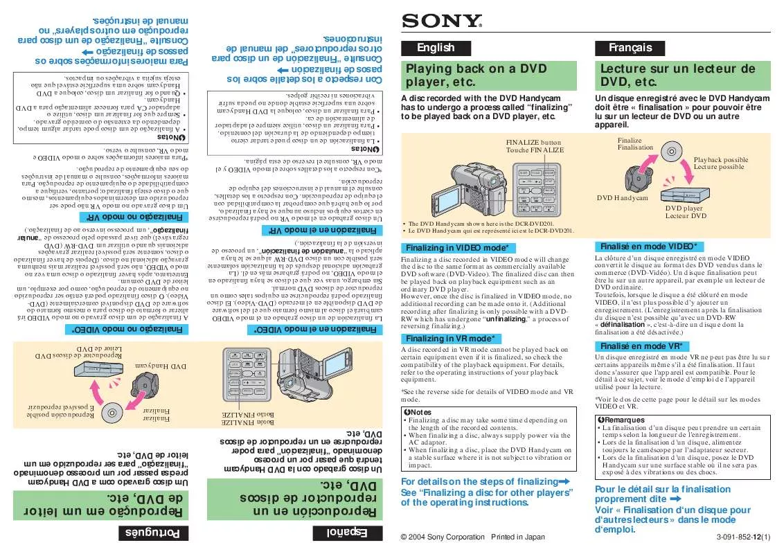 Mode d'emploi SONY HANDYCAM DCR-DVD301