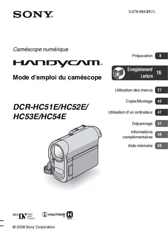 Mode d'emploi SONY DCR-HC52E