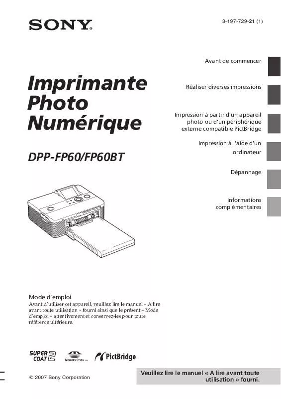 Mode d'emploi SONY DPP-FP60