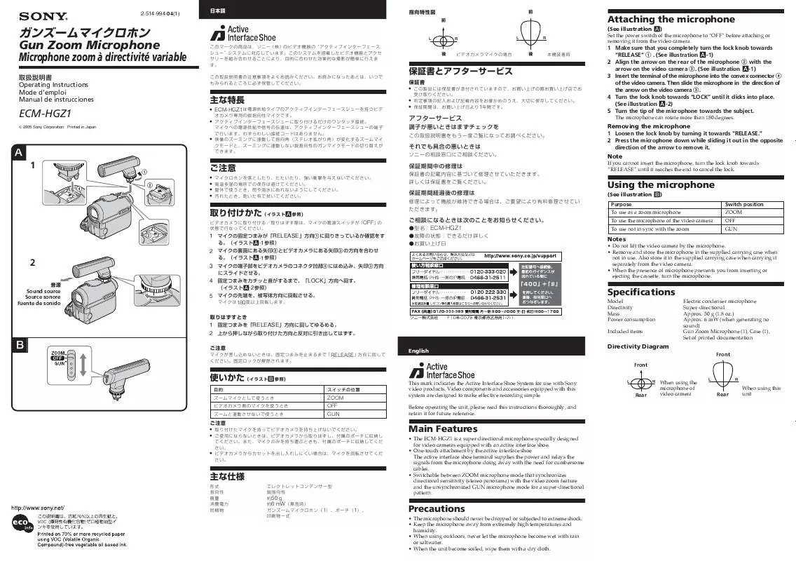 Mode d'emploi SONY ECM-HGZ1