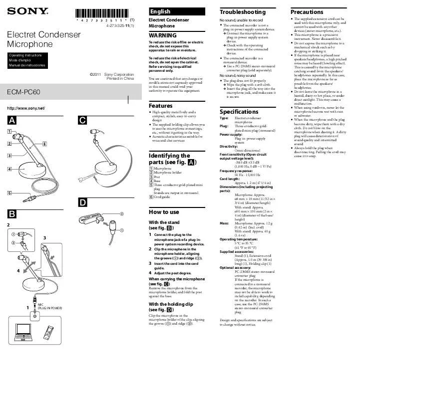 Mode d'emploi SONY ECM-PC60