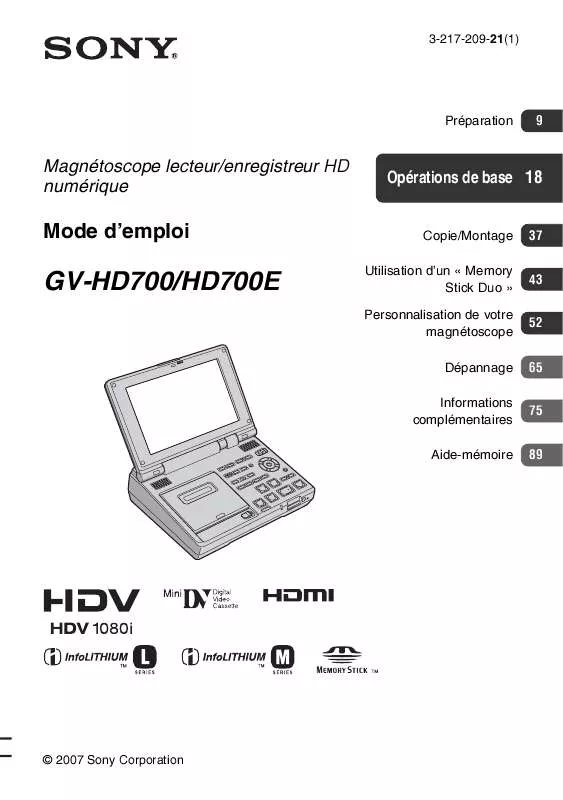 Mode d'emploi SONY GV-HD700