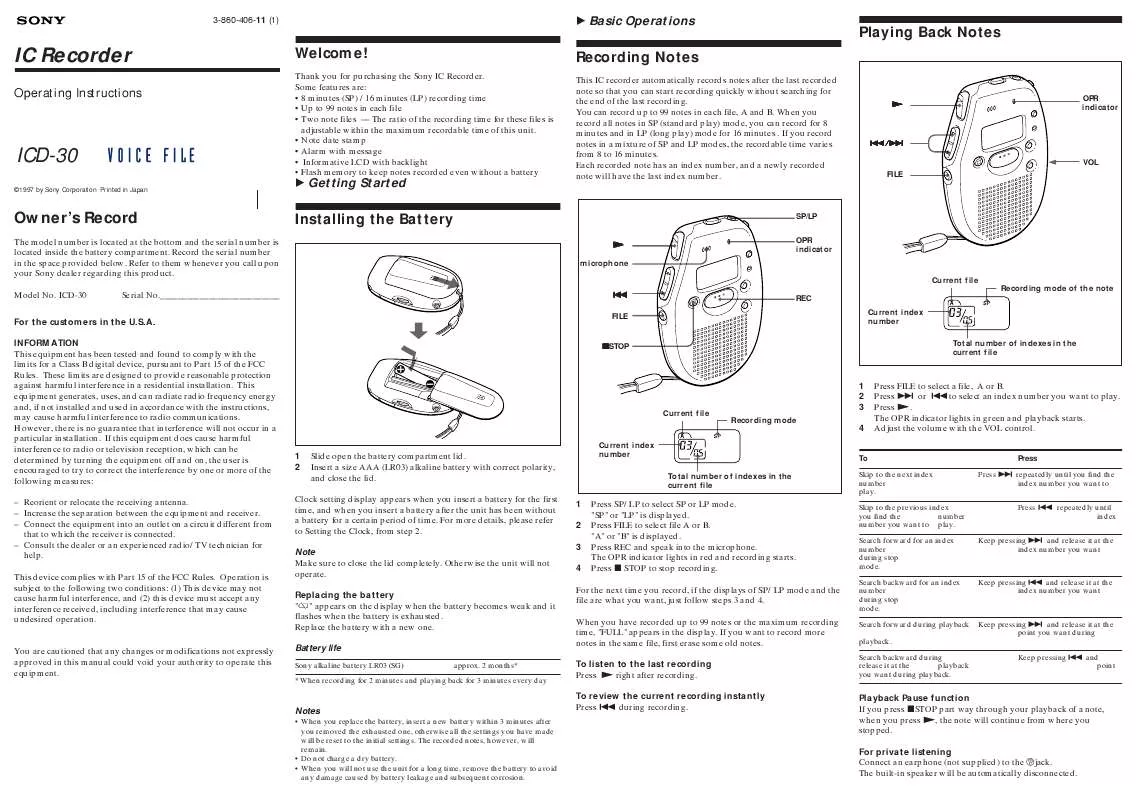 Mode d'emploi SONY ICD-30