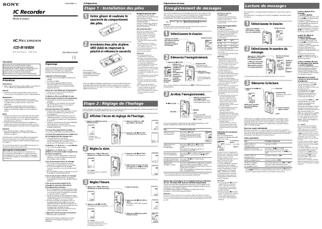 Mode d'emploi SONY ICD-B26