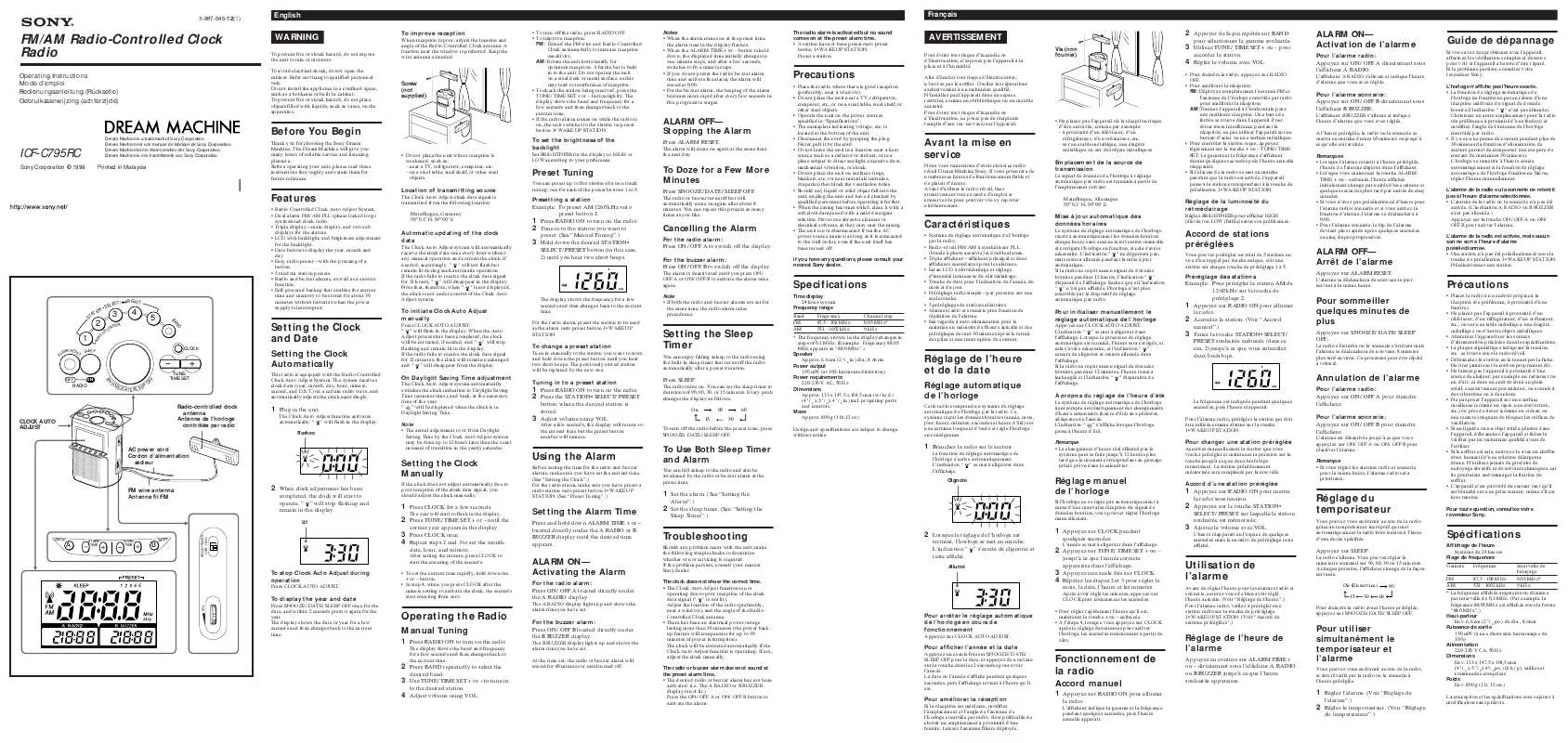 Mode d'emploi SONY ICF-C795RC