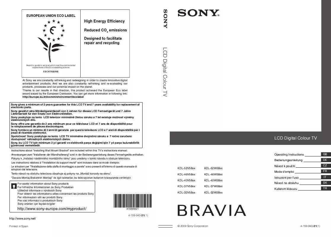 Mode d'emploi SONY KDL-37V5800