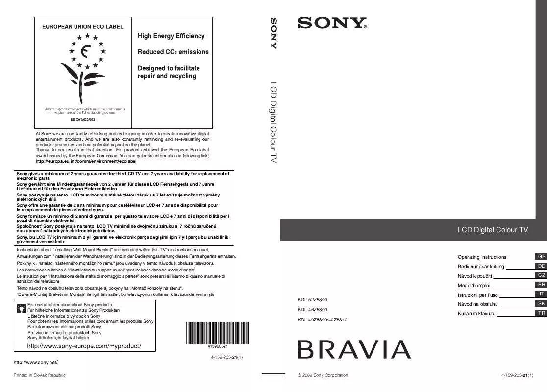 Mode d'emploi SONY KDL-40Z5810