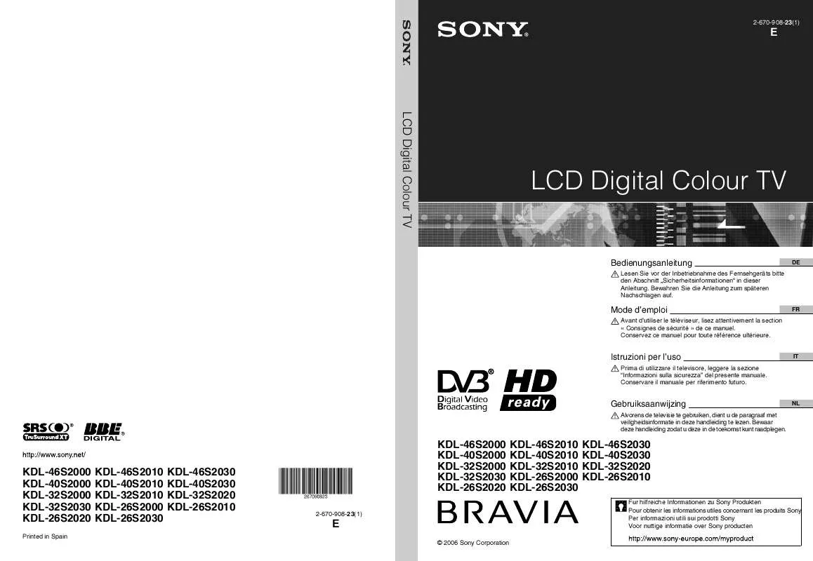 Mode d'emploi SONY KDL-46S2010