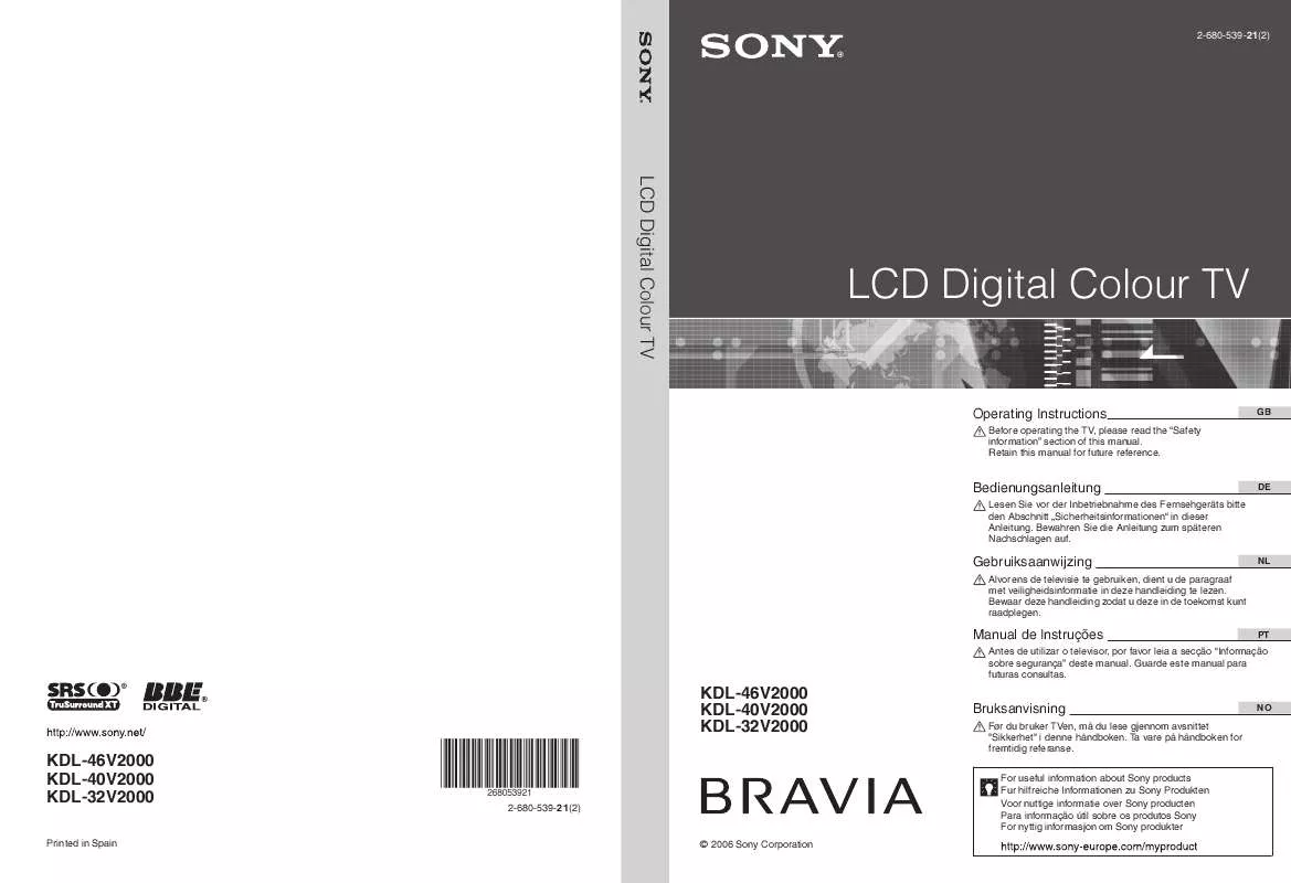 Mode d'emploi SONY KDL-46V2000