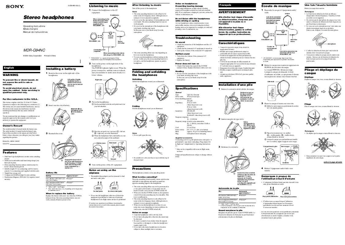 Mode d'emploi SONY MDR-G94NC