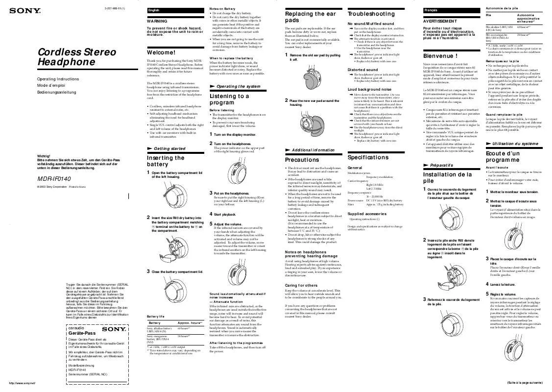 Mode d'emploi SONY MDR-IF0140