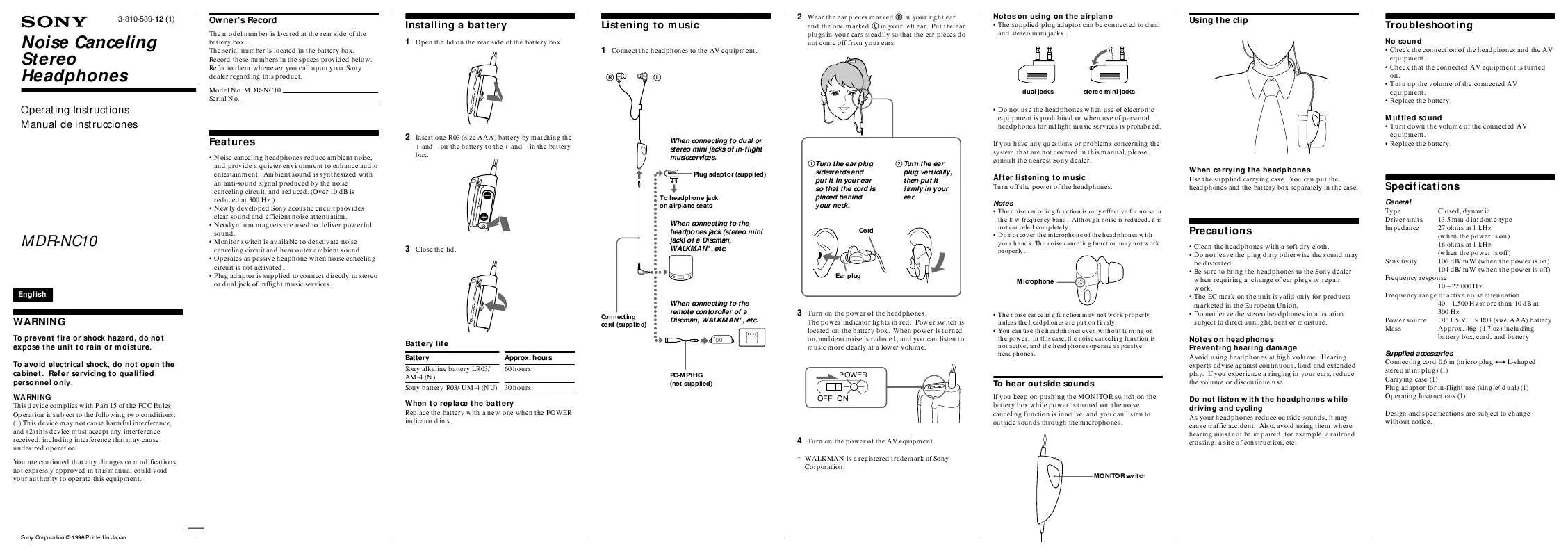 Mode d'emploi SONY MDR-NC10