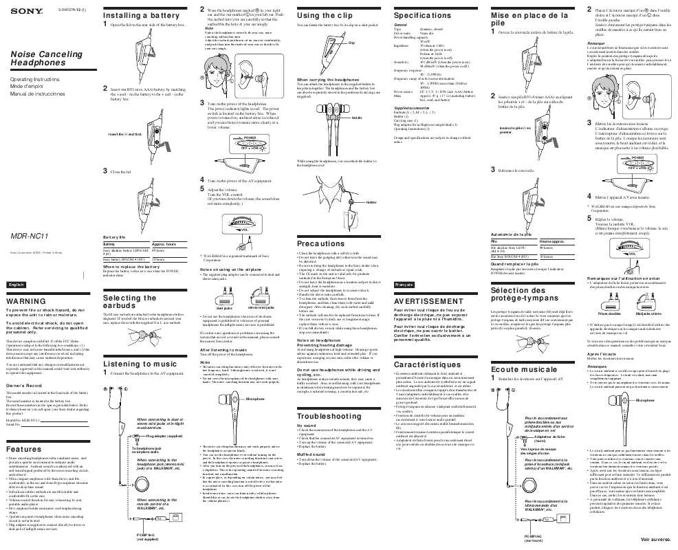 Mode d'emploi SONY MDR-NC11