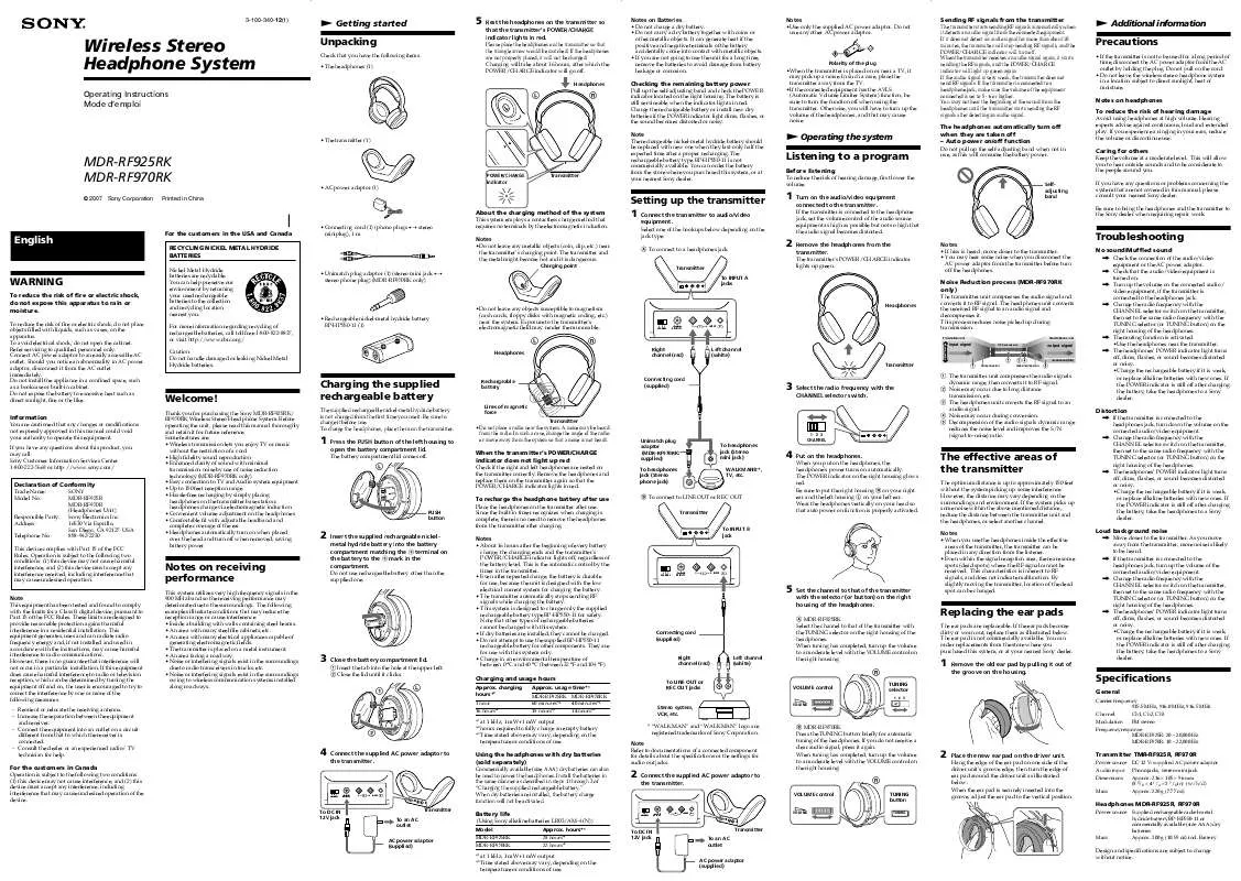 Mode d'emploi SONY MDR-RF970R