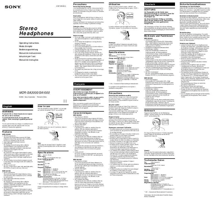 Mode d'emploi SONY MDR-SA3000