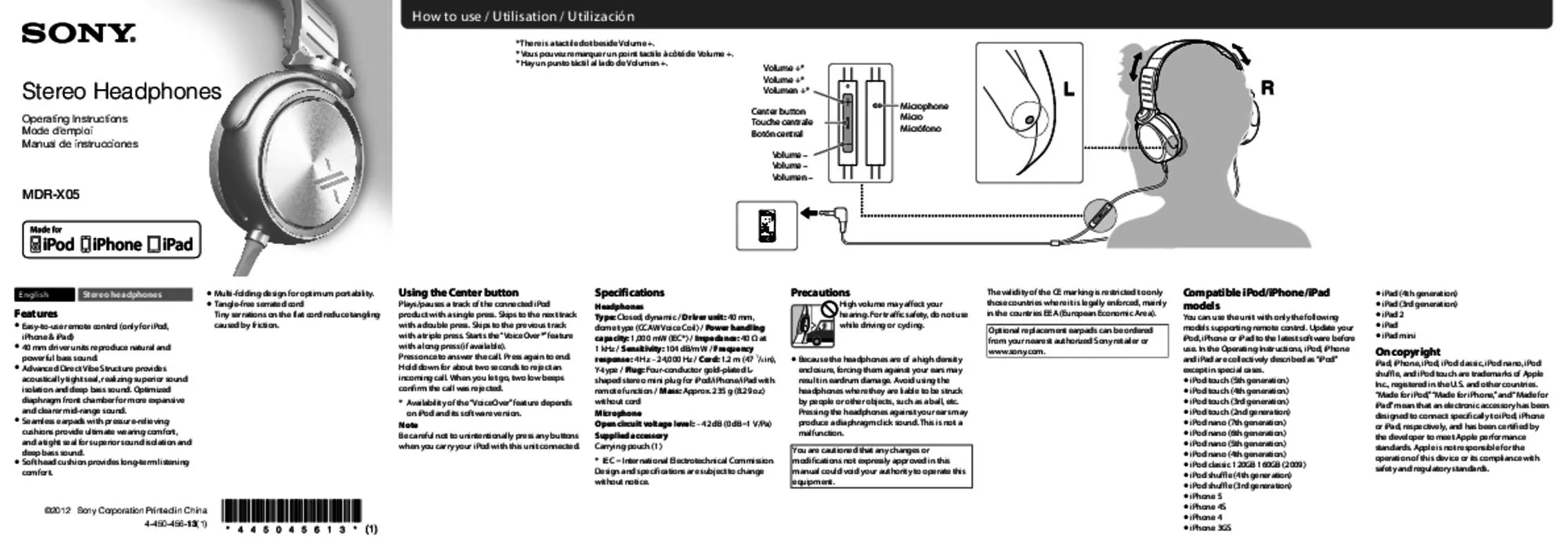 Mode d'emploi SONY MDR-X05/RB