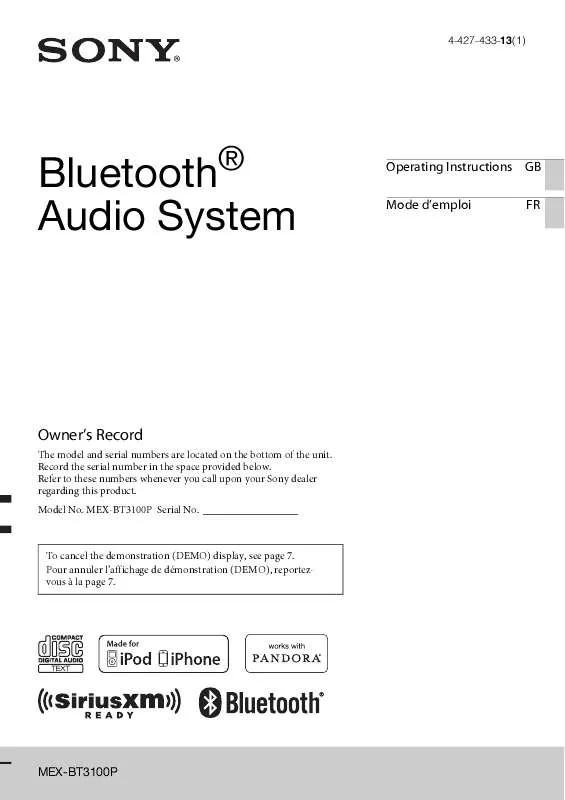 Mode d'emploi SONY MEX-BT3100P