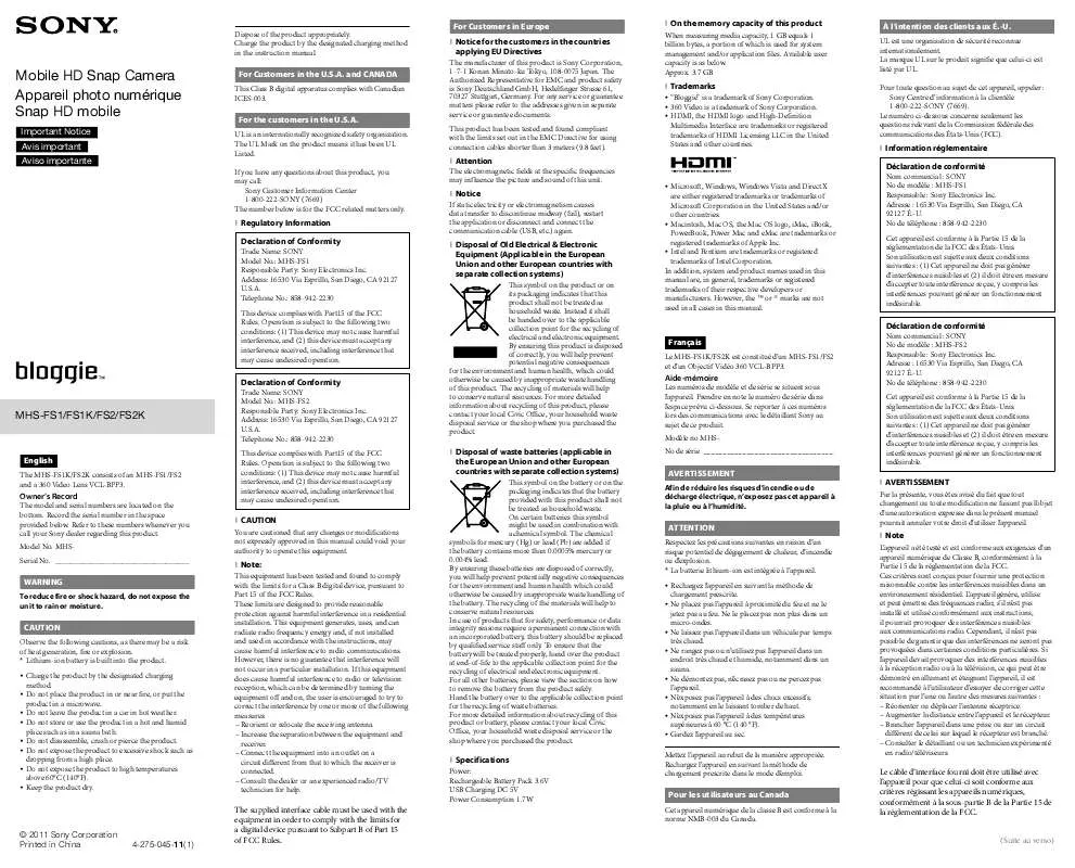 Mode d'emploi SONY MHS-FS2K