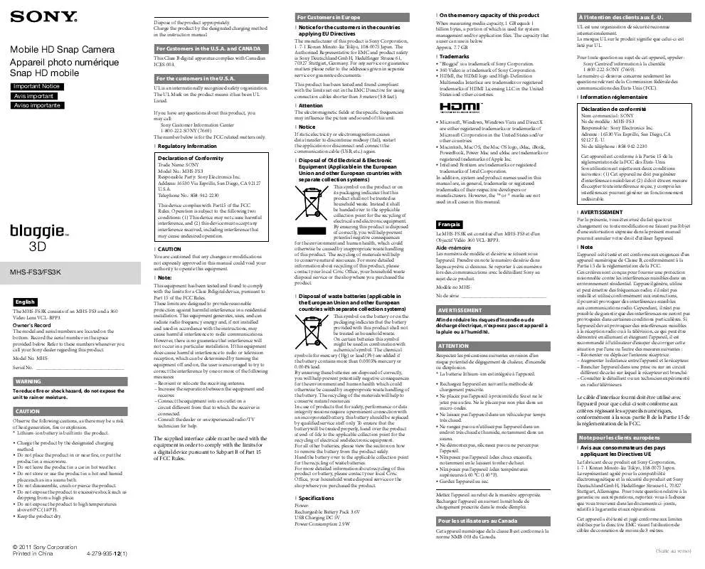 Mode d'emploi SONY MHS-FS3