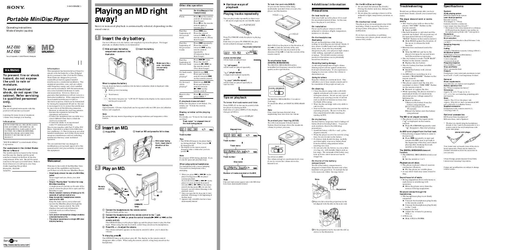 Mode d'emploi SONY MZ-E60