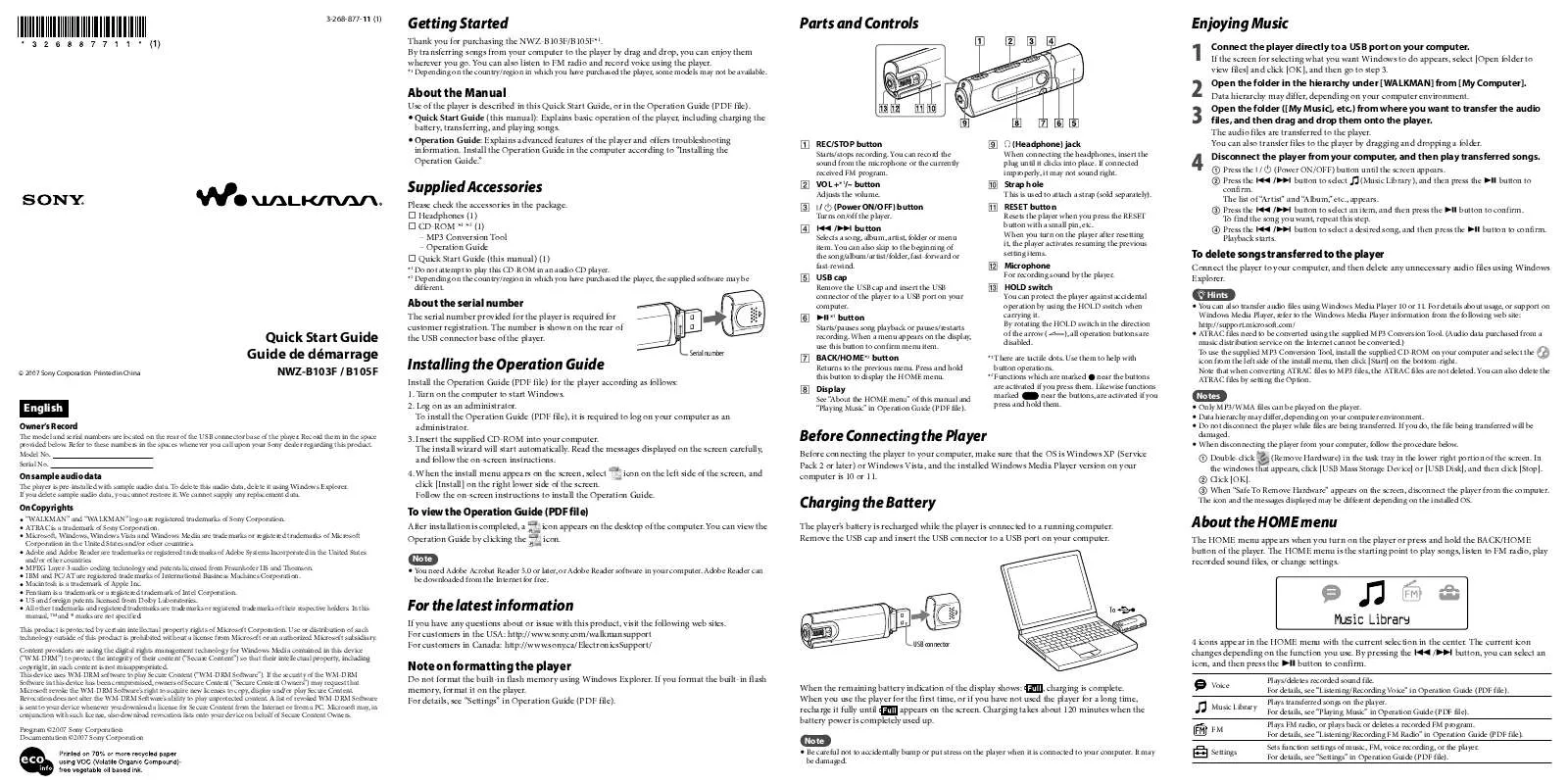 Mode d'emploi SONY NWZ-B103F