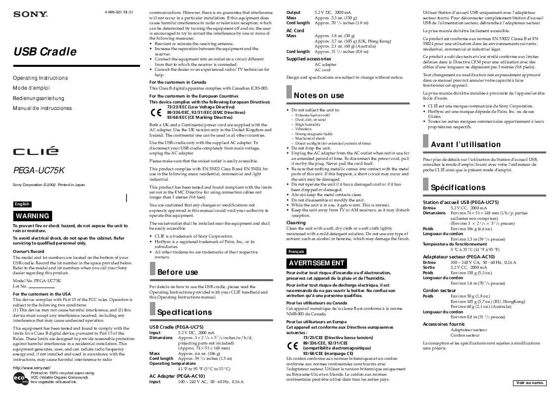 Mode d'emploi SONY CLIE PEGA-UC75K