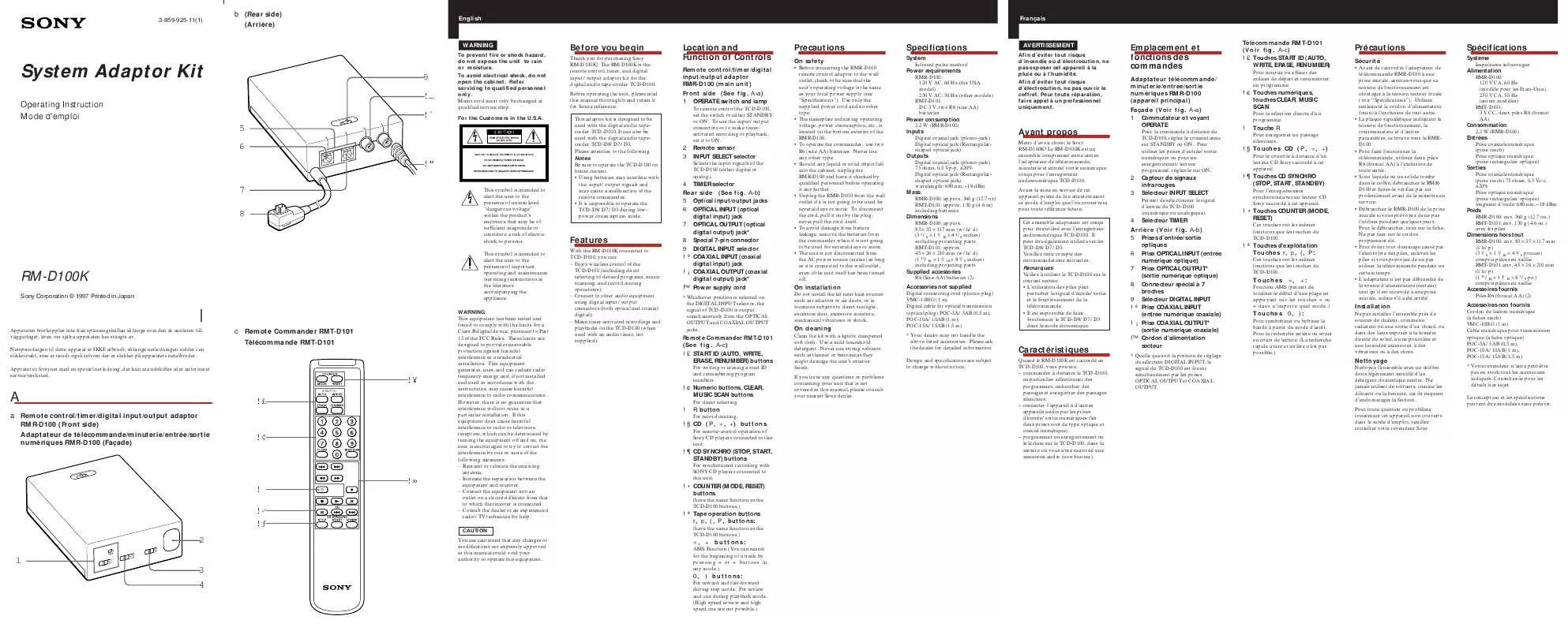 Mode d'emploi SONY RM-D100K