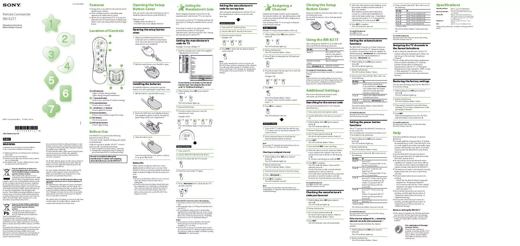 Mode d'emploi SONY RM-KZ1T