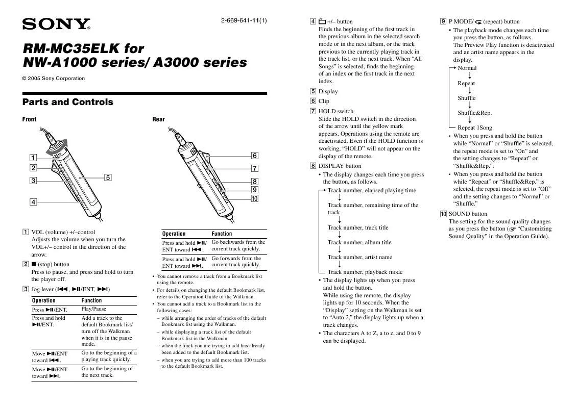 Mode d'emploi SONY RMMC35ELK-NW-A-