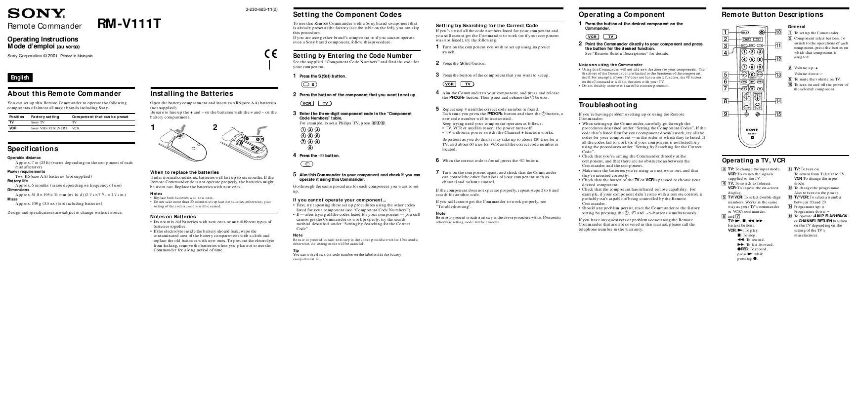 Mode d'emploi SONY RM-V111T