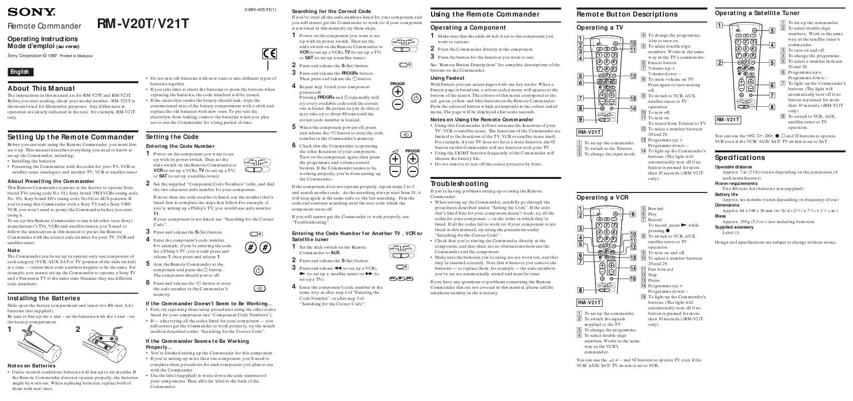 Mode d'emploi SONY RM-V20T