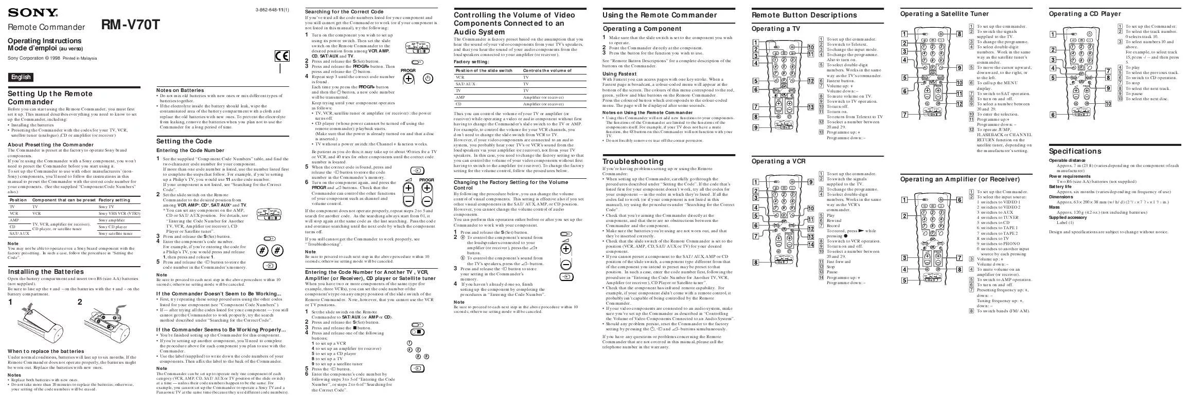 Mode d'emploi SONY RM-V70T