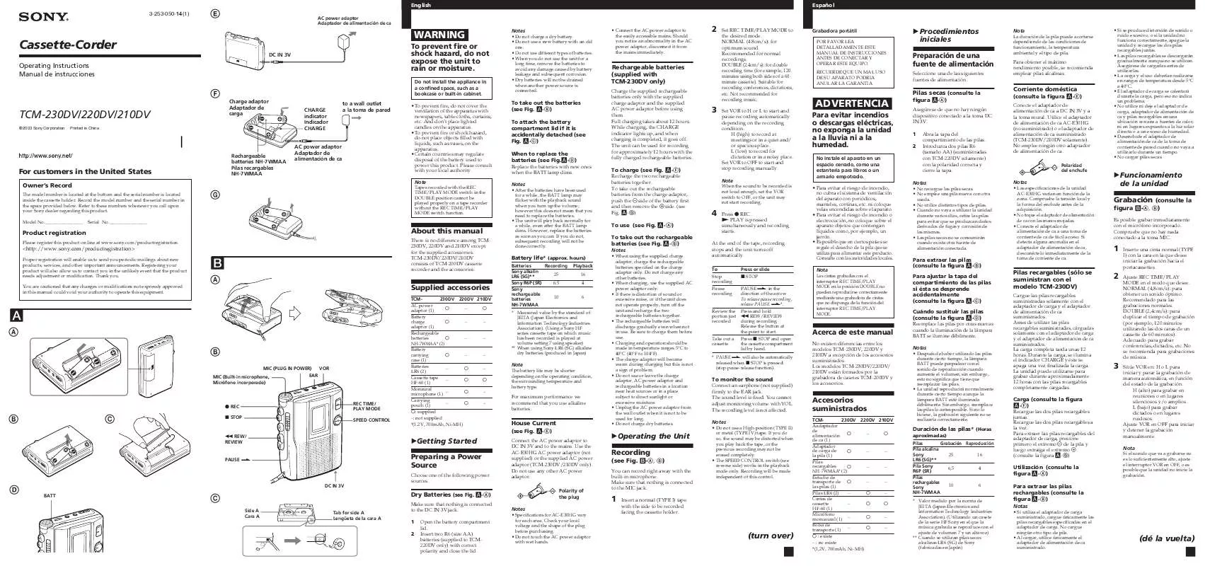 Mode d'emploi SONY TCM-230DV