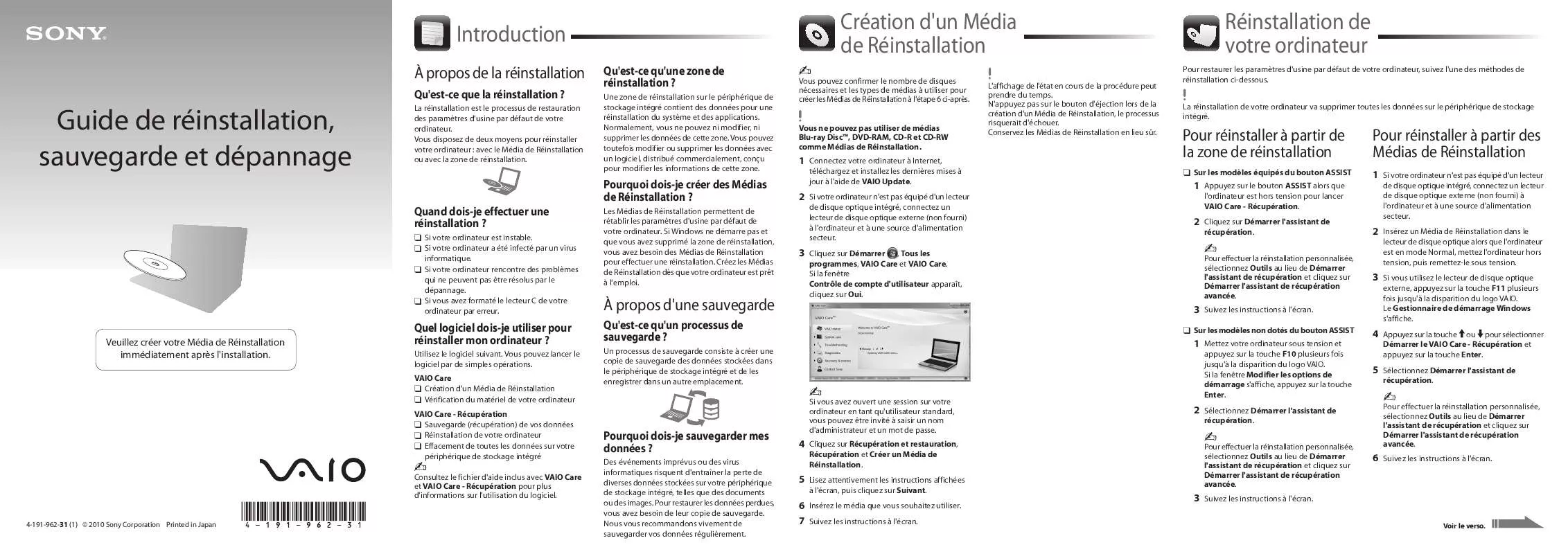 Mode d'emploi SONY VAIO VPC-EB2S1E/PI