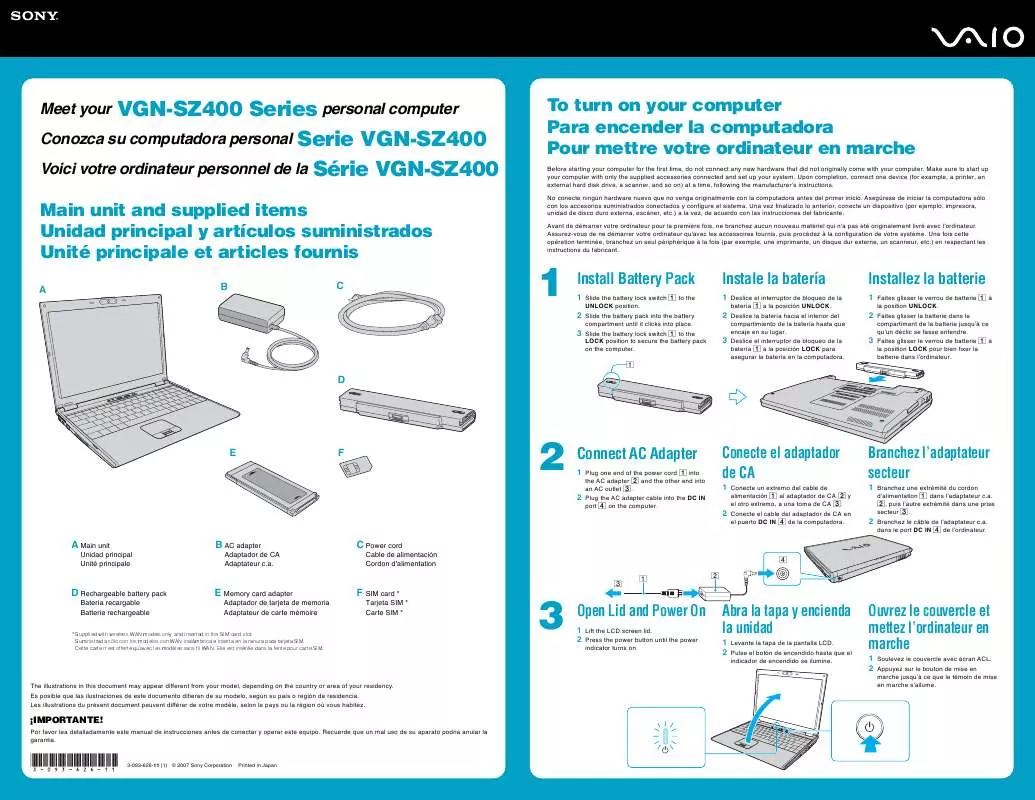 Mode d'emploi SONY VAIO VGN-SZ430N/B