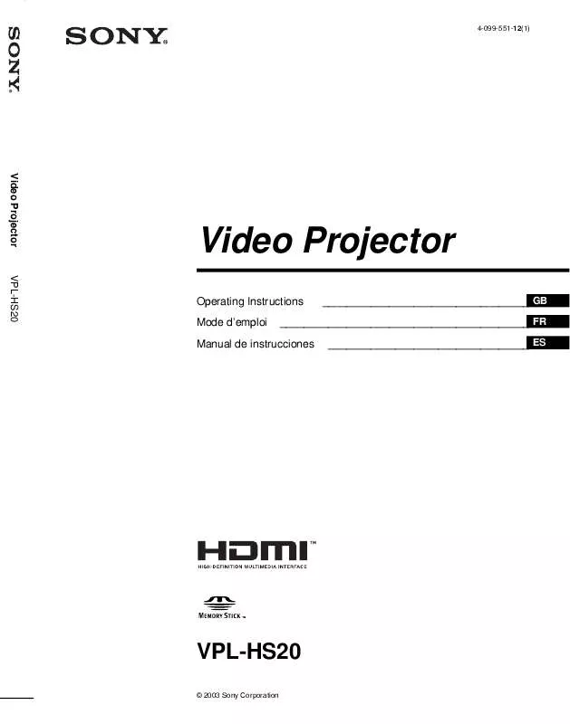 Mode d'emploi SONY VPL-HS20