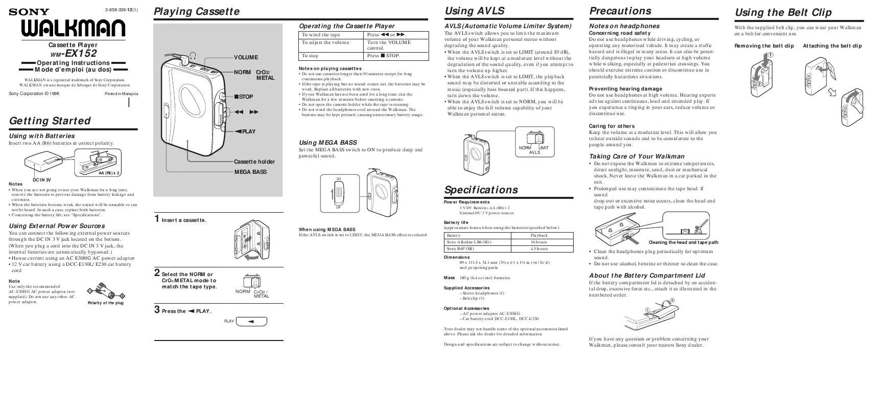 Mode d'emploi SONY WM-EX152