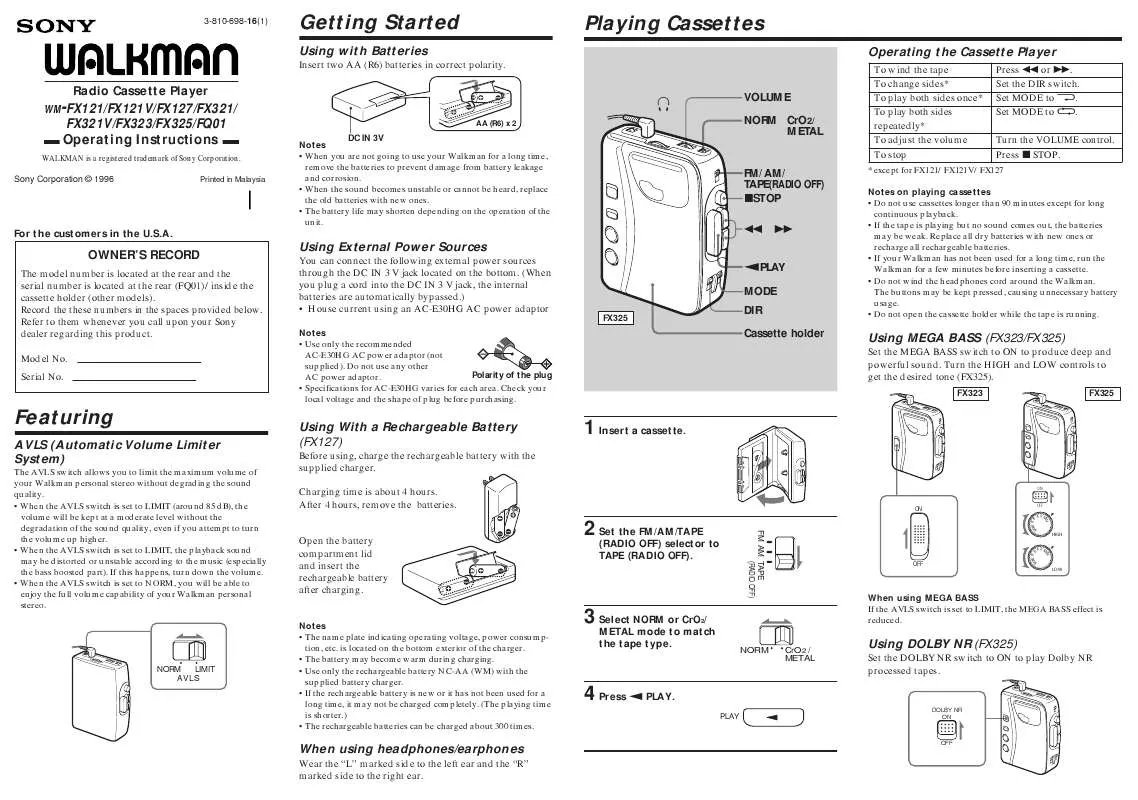 Mode d'emploi SONY WM-FX121