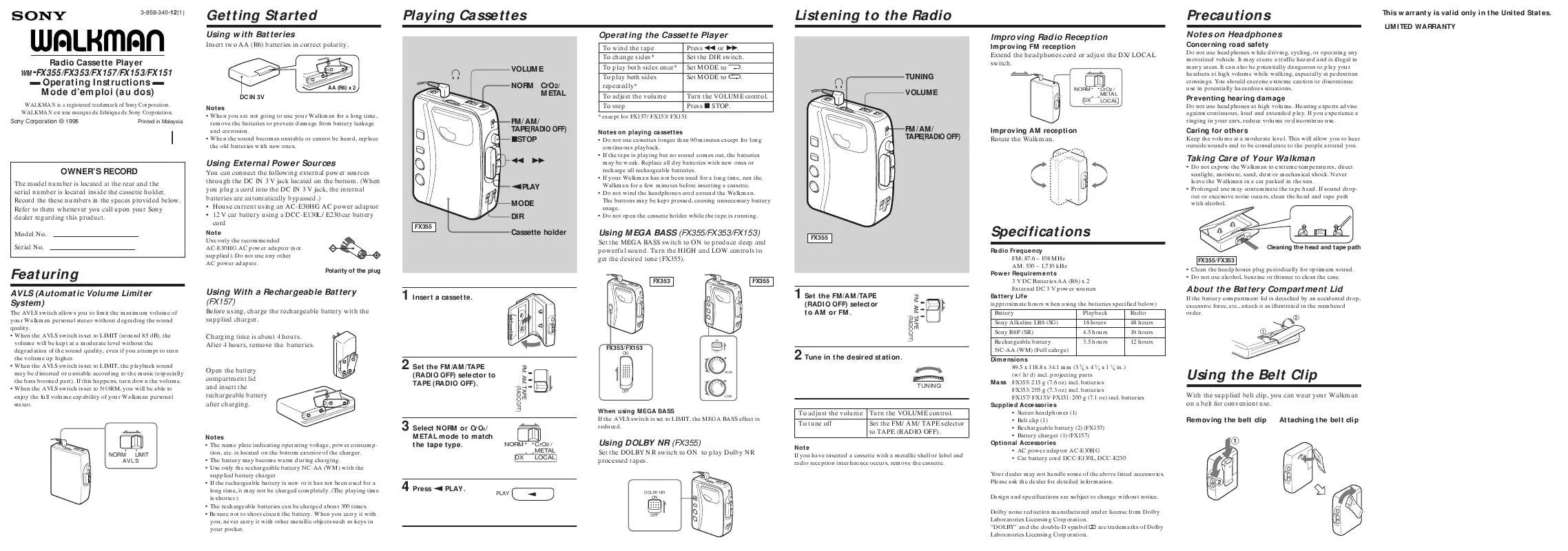 Mode d'emploi SONY WM-FX153